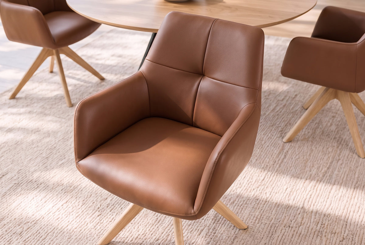 Swivel chair ALMARA 360° auto-return w/ armrests pocket spring core leather cognac brown