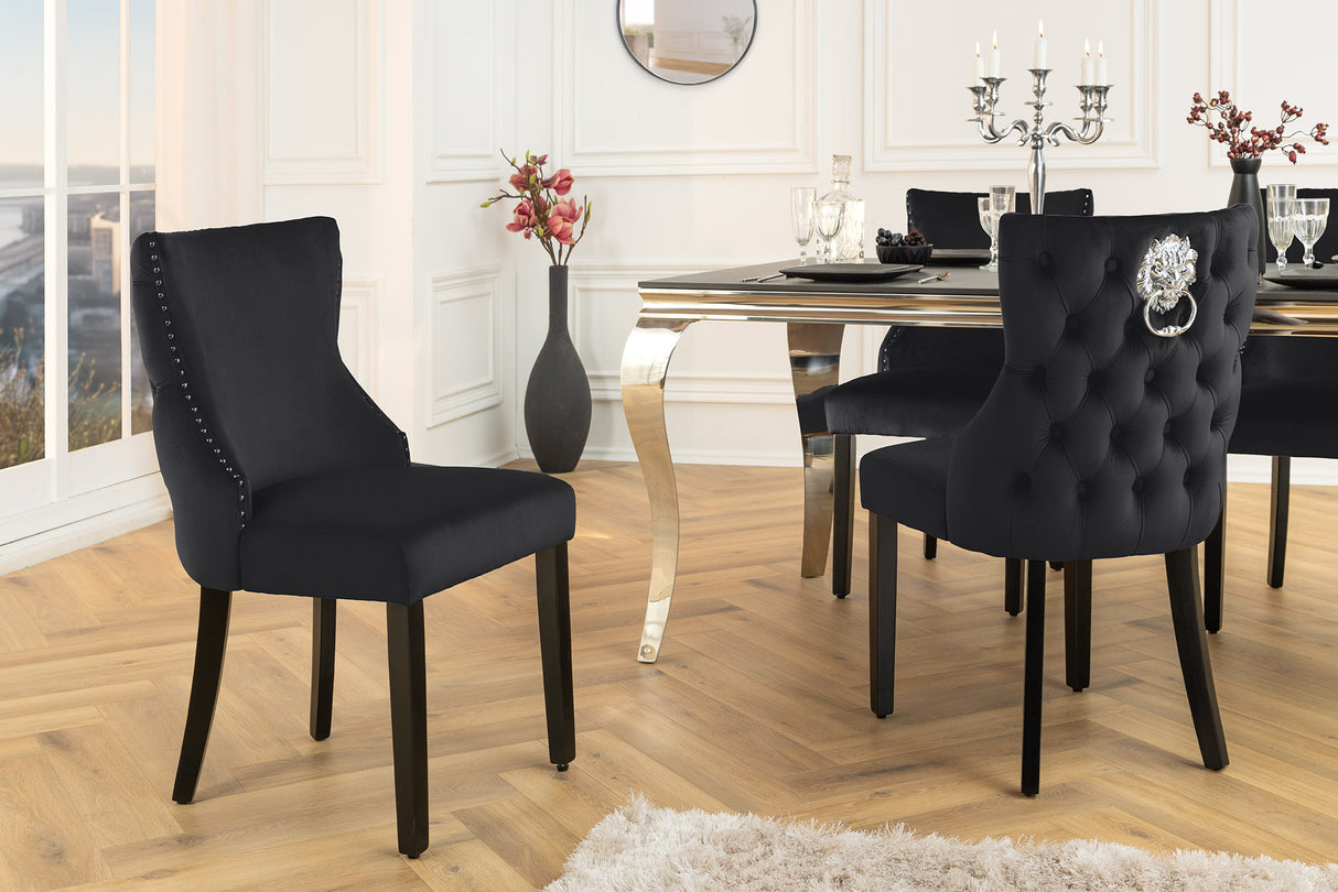 Chair CASTLE DELUXE w/ lion´s head handle velvet black legs black in chesterfield style