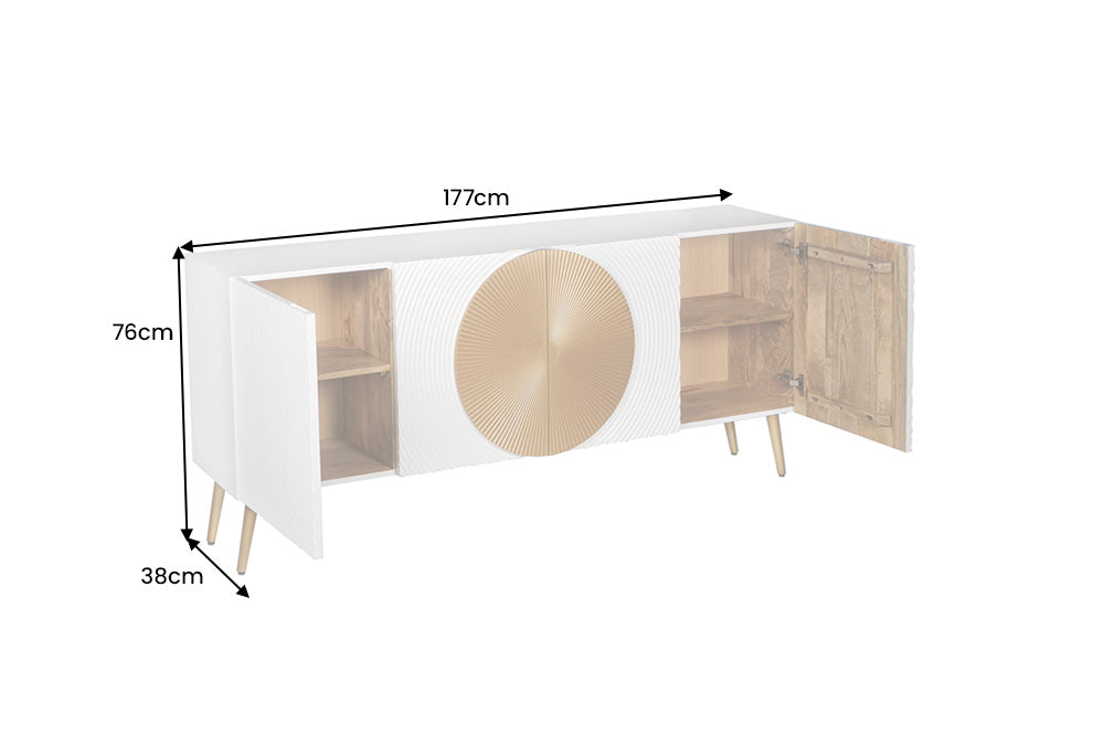 Sideboard AURUM 180cm textured front gold circle accent mango wood white gold metal feet