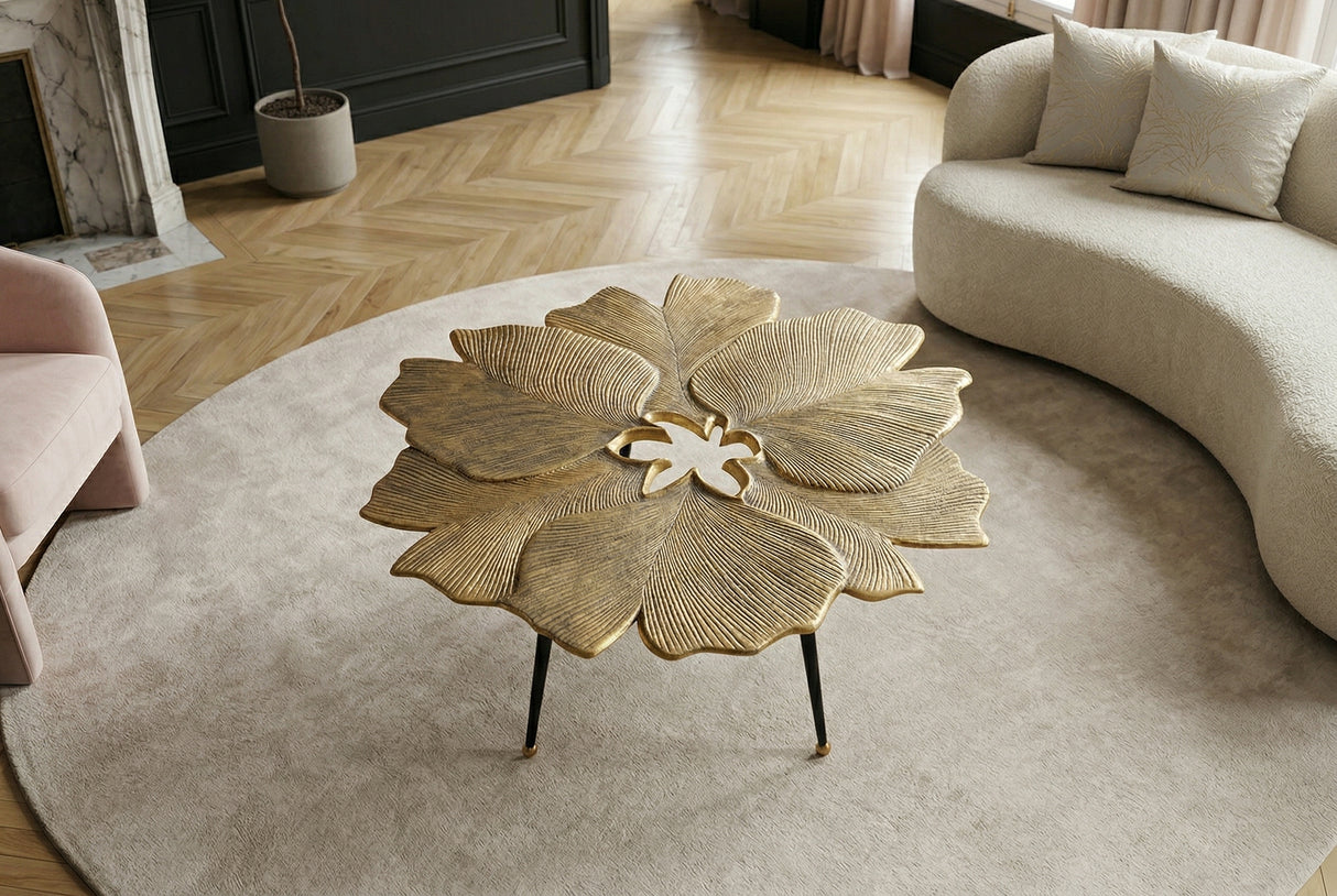 Couchtisch GINKGO LEAVES 95cm gold mit schwarzen Beinen