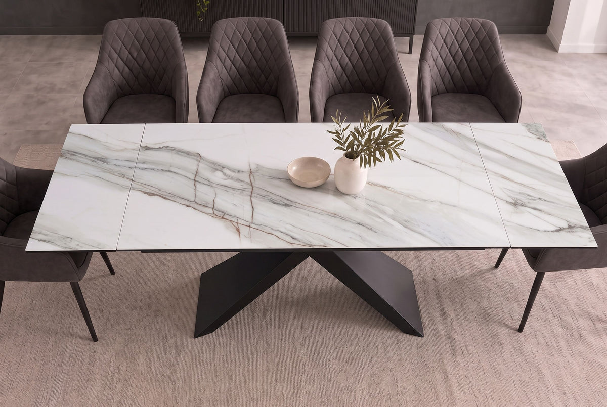 Dining table EUPHORIA 180-220-260cm extendable carrara oro ceramic marble look w/ black star frame
