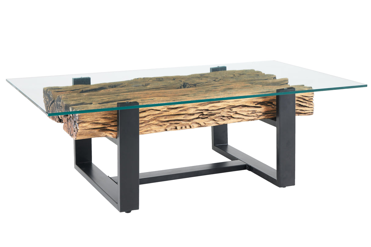 Couchtisch BARRACUDA 130cm recyceltes Teakholz mit gehärteter Glasplatte