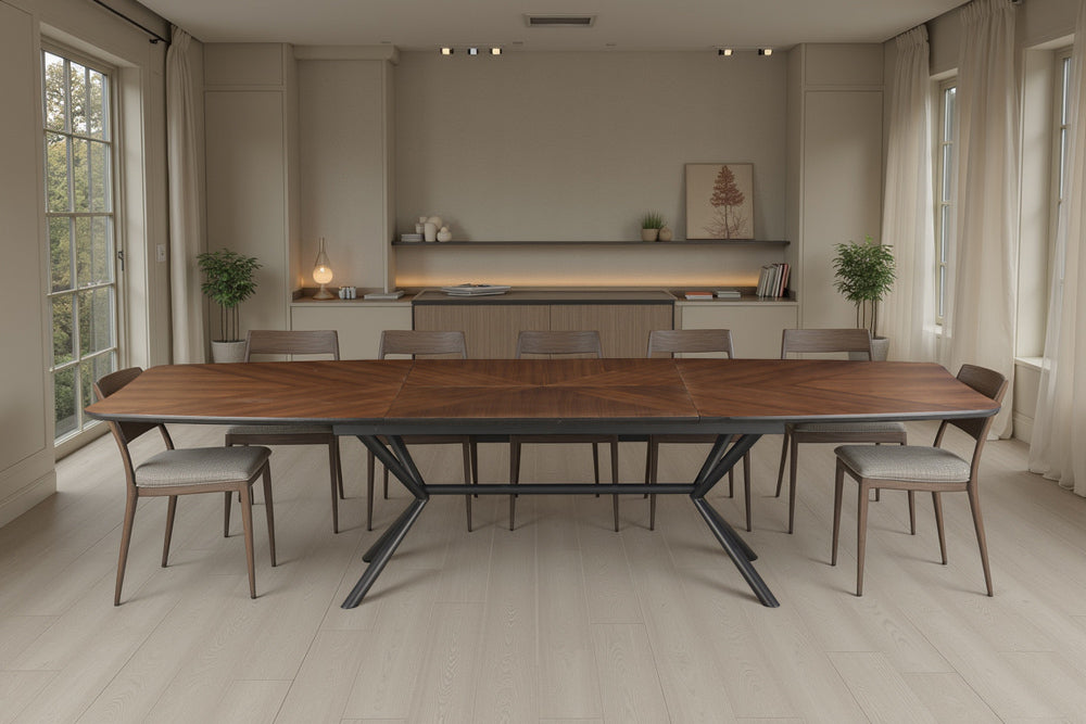 Dining table GRANDEZZA 180-270cm extendable natural walnut look w/ black metal frame