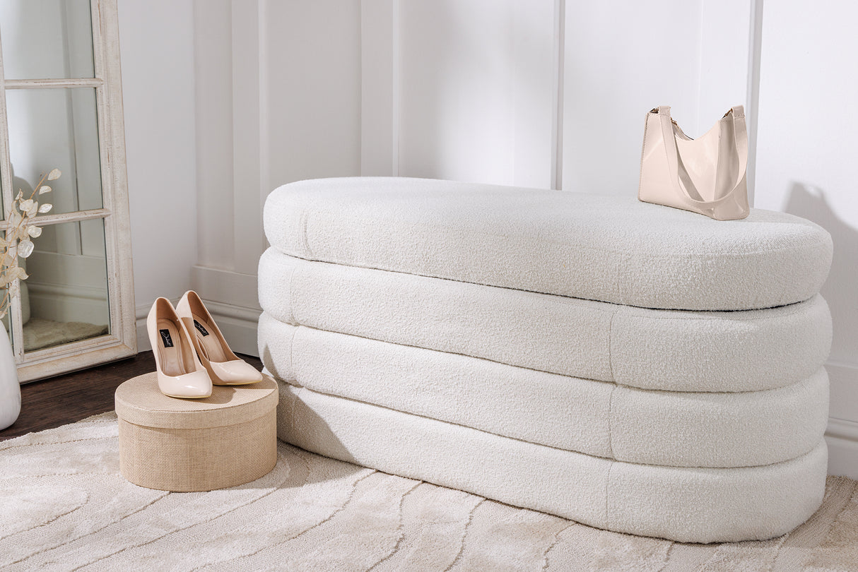 Bench chest VOQUE 115cm bouclé creamy white upholstered w/ storage space bench seat