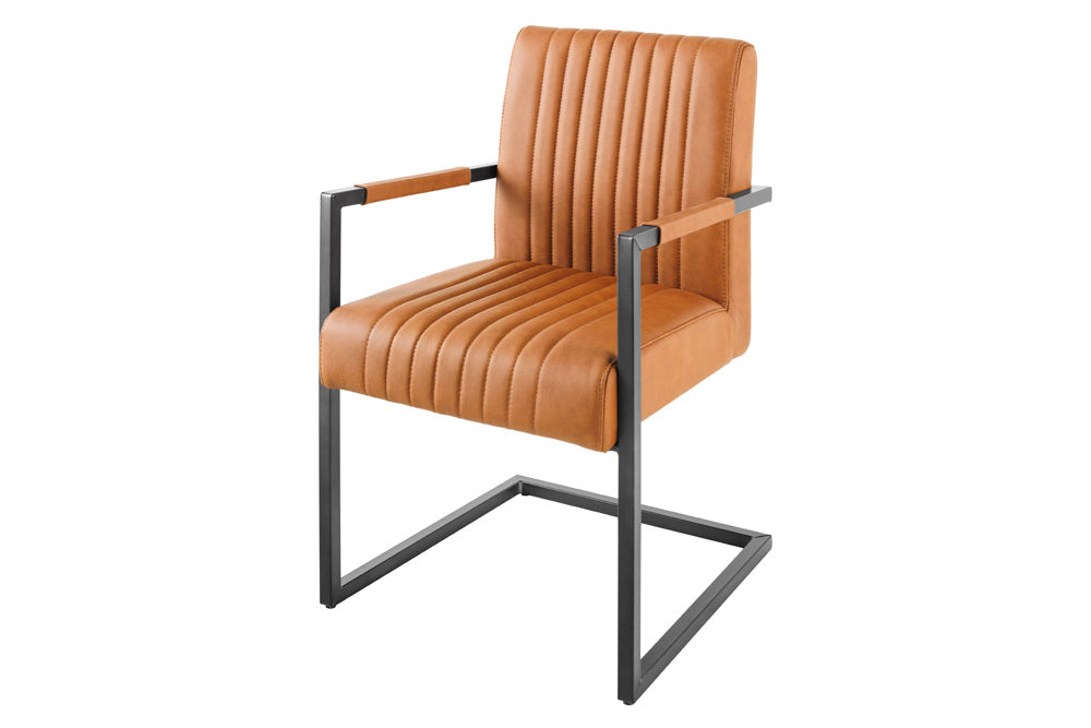 Cantilever chair BIG ASTON w/ armrests spring core black metal legs leather vintage cognac
