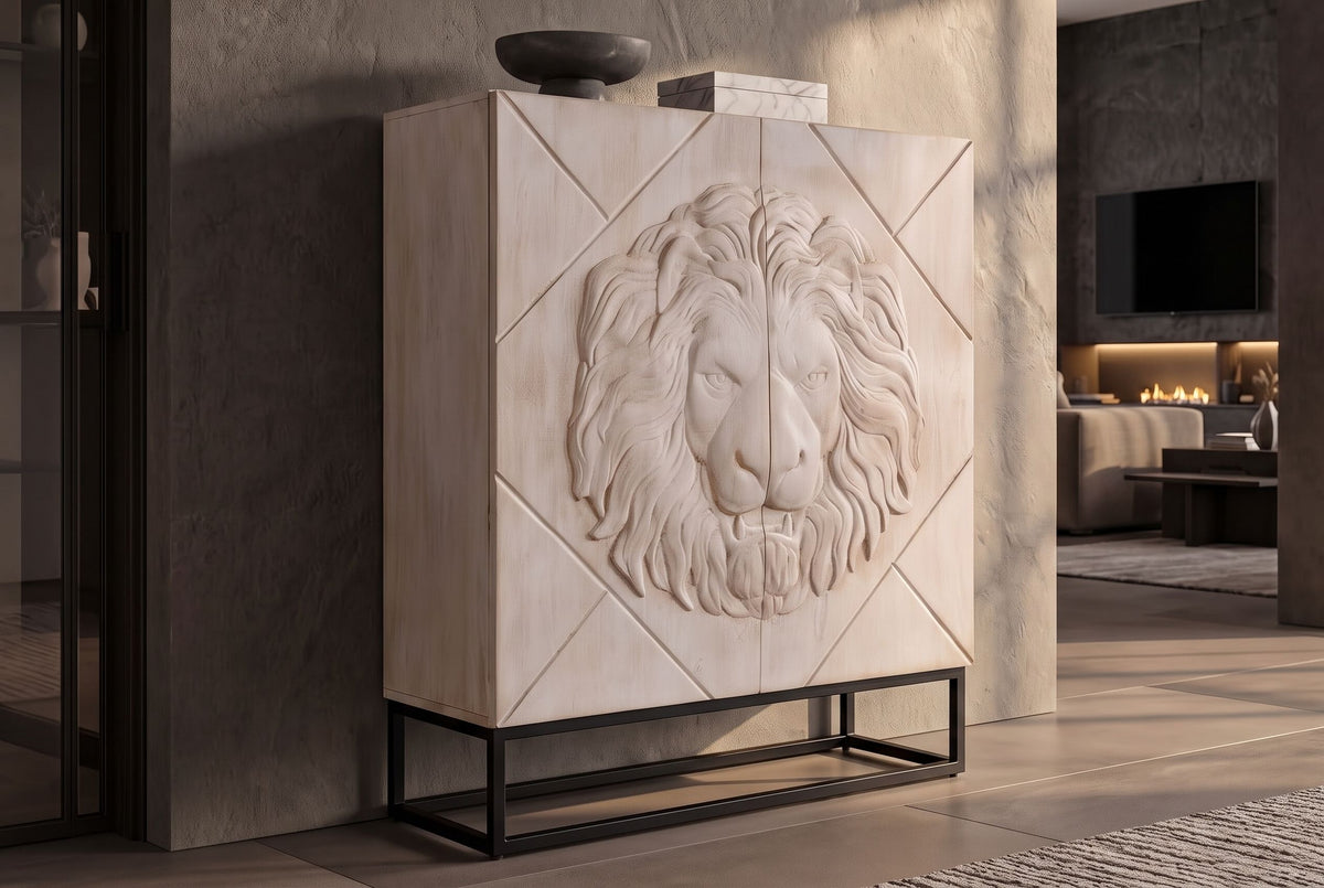 Highboard LION 120cm 3D lion front mango wood creamy w/ black metal frame