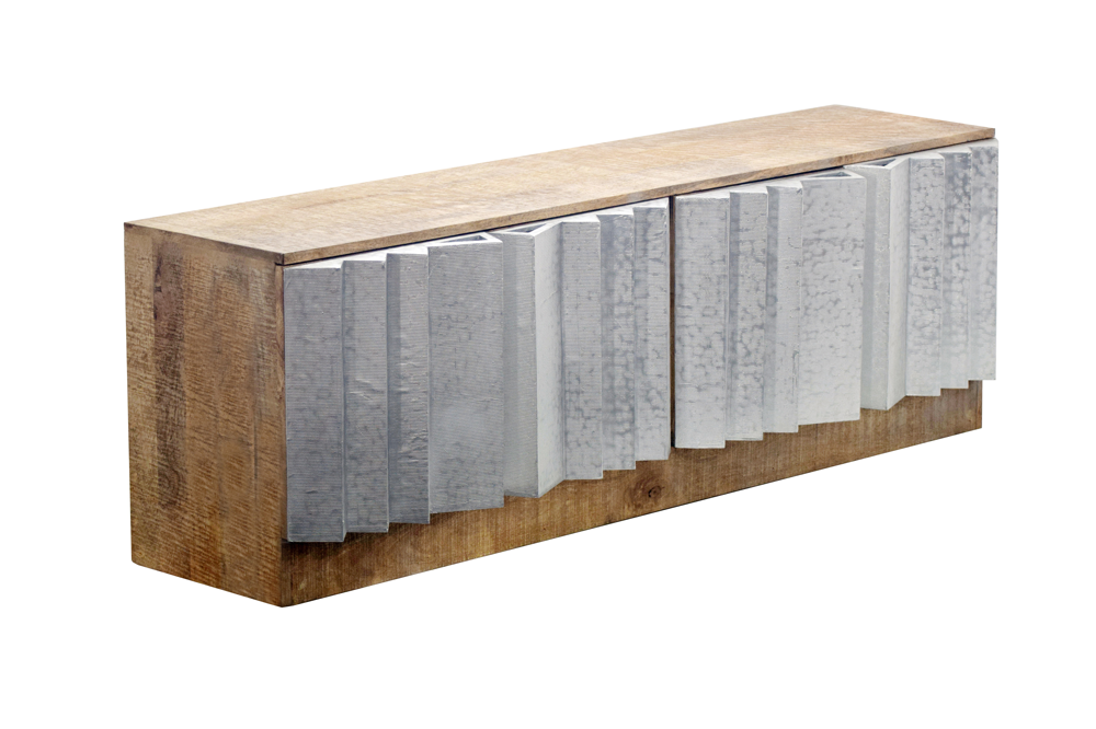 TV-Board ZALVERO 150cm Mangoholz Aluminiumfront natur silber