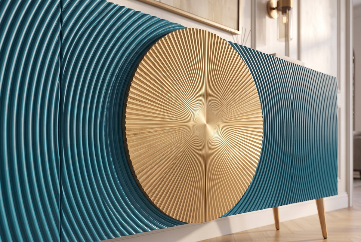 Sideboard AURUM 180cm textured front gold circle accent mango wood turquoise gold metal feet