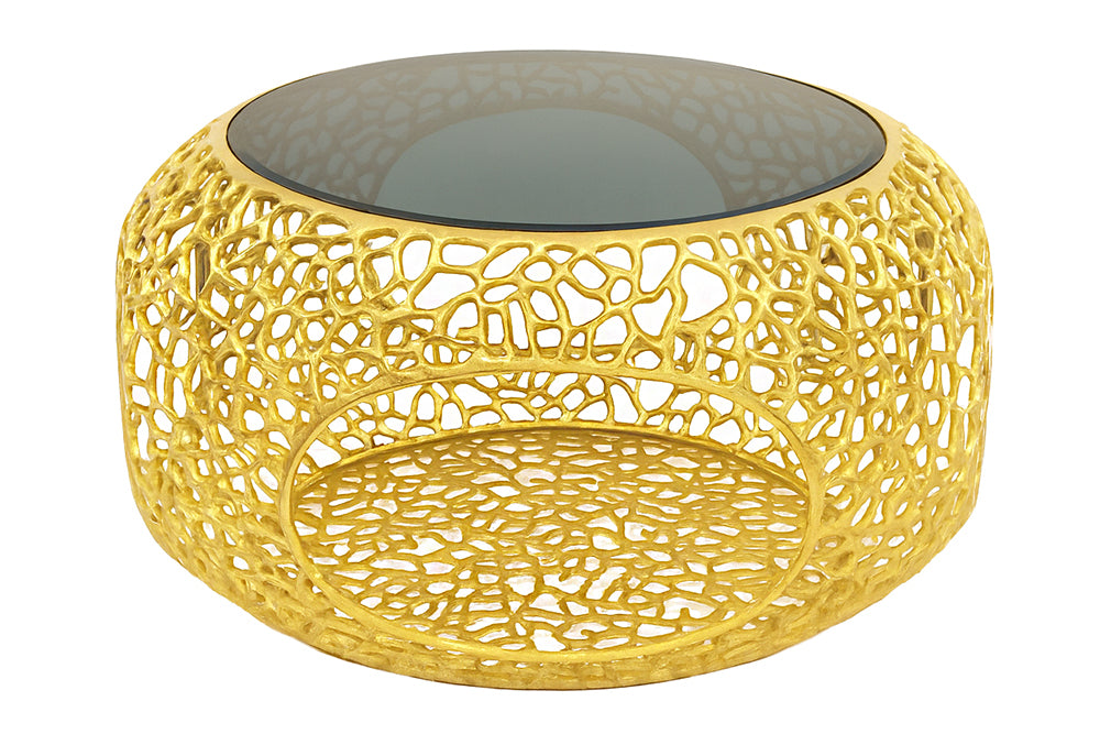 Coffee table SPIN 75cm tempered black glass base gold