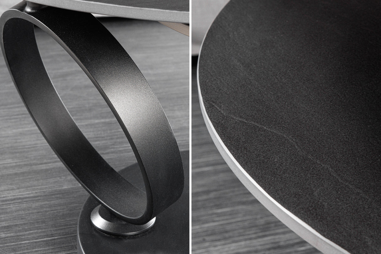Couchtisch DANCING RINGS 80-135cm drehbar Keramik schwarz und grau