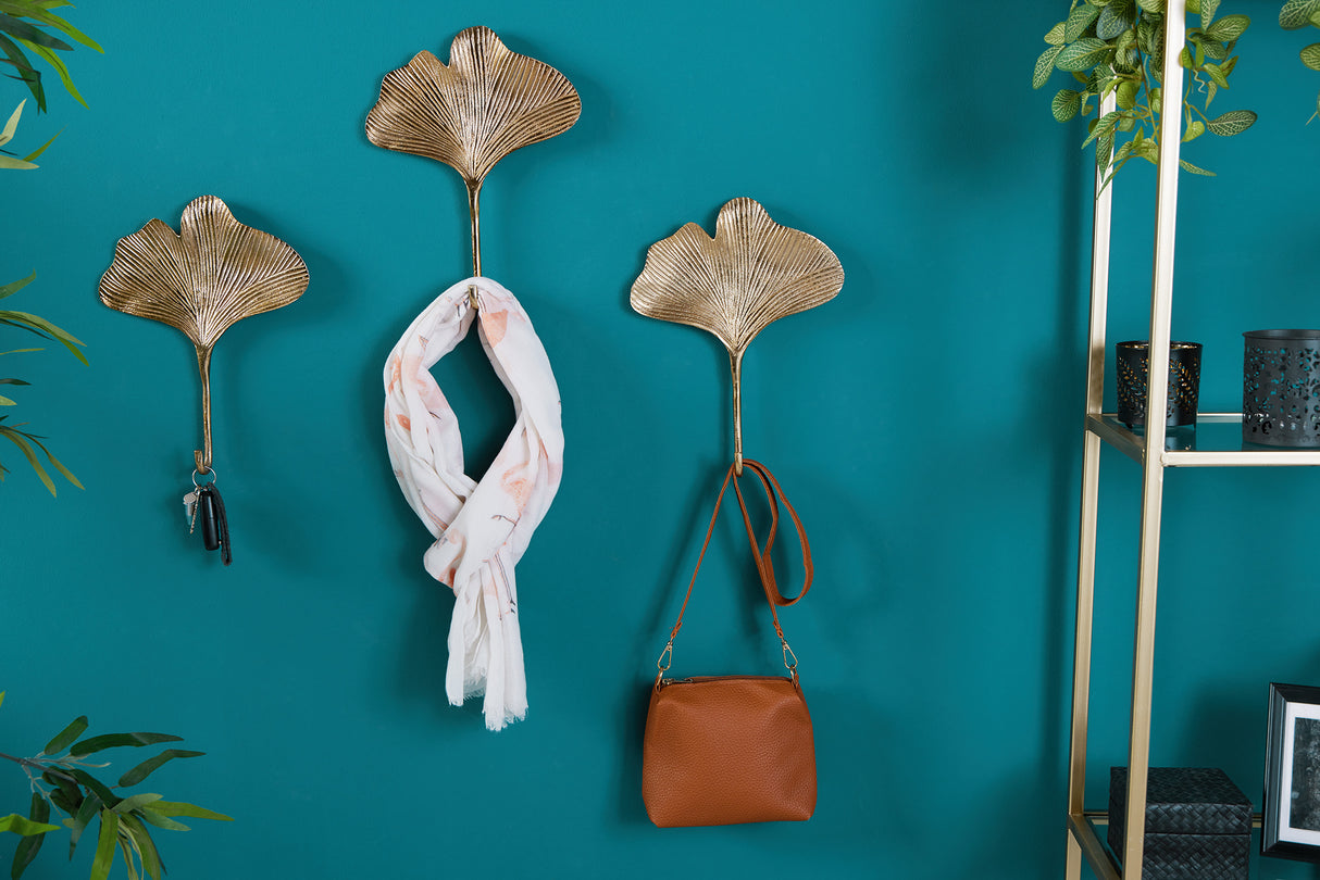 Wall decoration coat hook GINKGO set of 3 gold