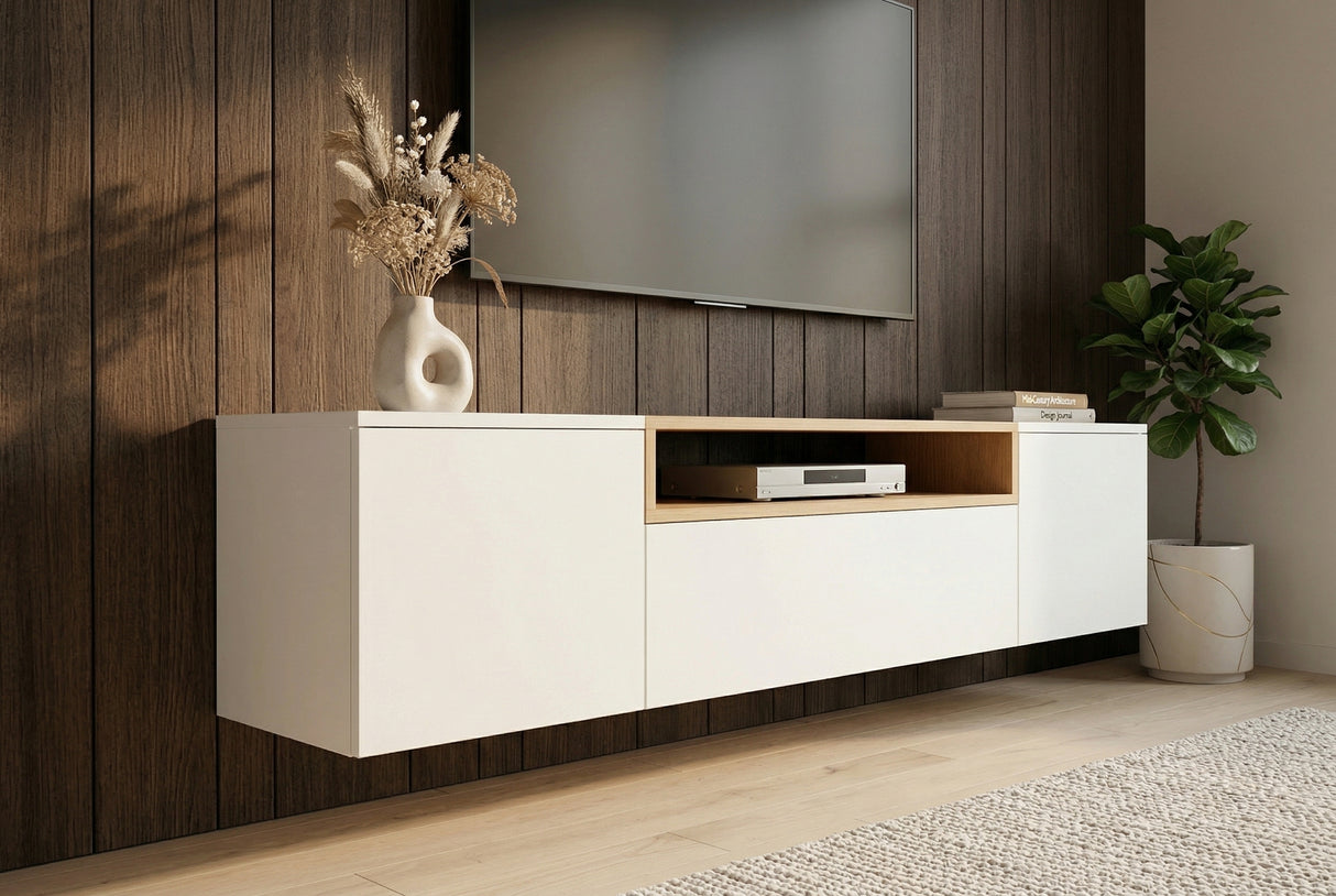 TV-Wand LOFT 160 cm hängend weiß natur