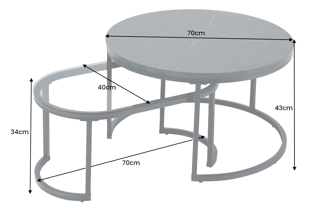 Coffee table ELEGANCE 70cm set of 2 marble look and smoke glass black