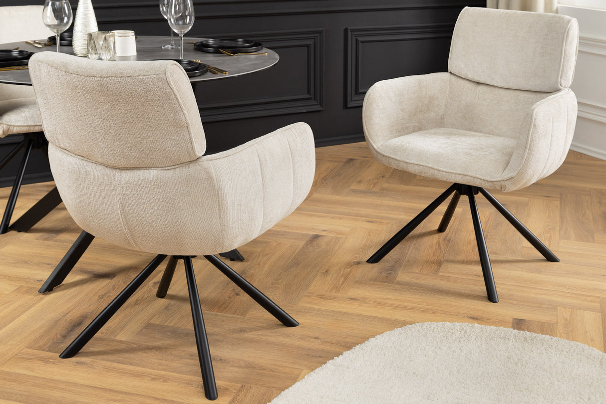 Drehstuhl UNIQUE 180° mit Armlehnen Chenillestoff champagnerbeige und schwarzen Beinen