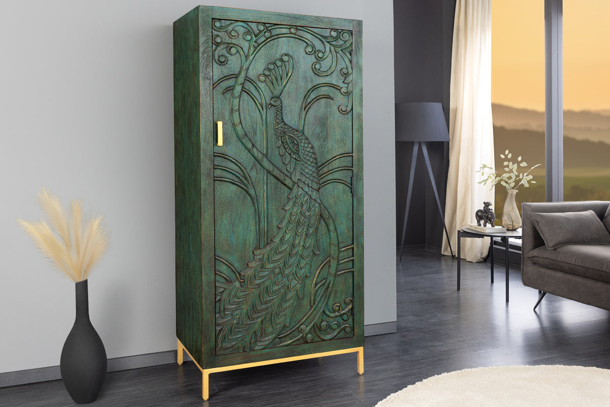 Highboard PEACOCK 170cm 3D mango wood antique look dark green gold handmade