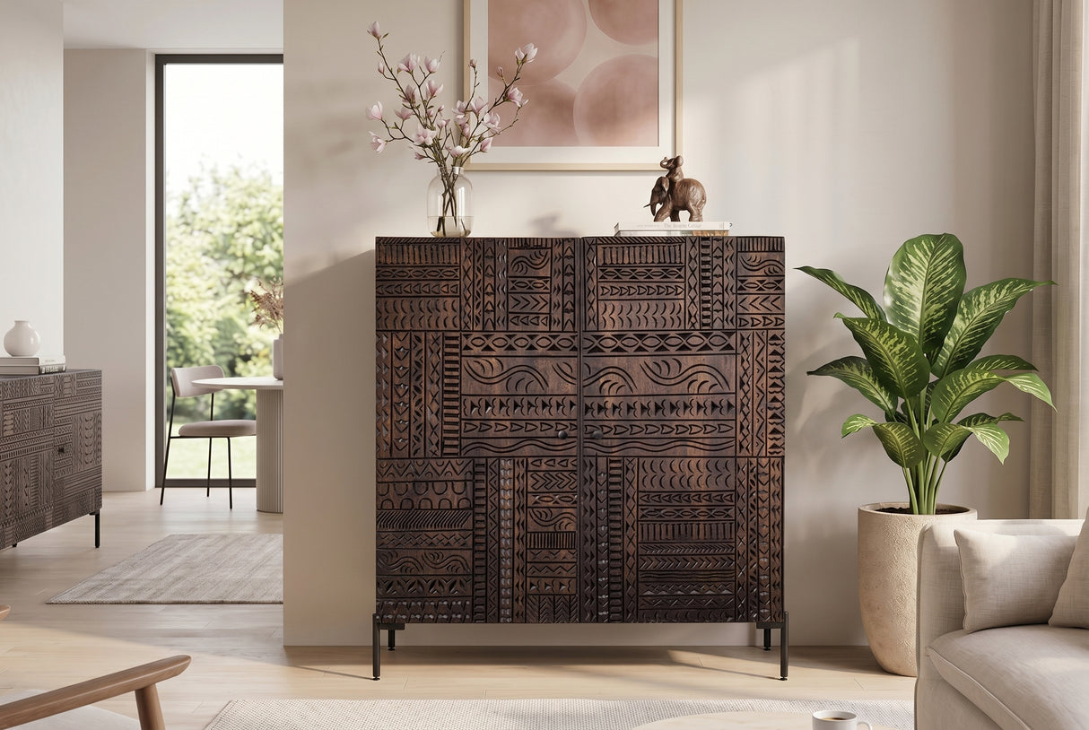 Highboard TRIBAL 120cm 3D antique look mango wood dark brown