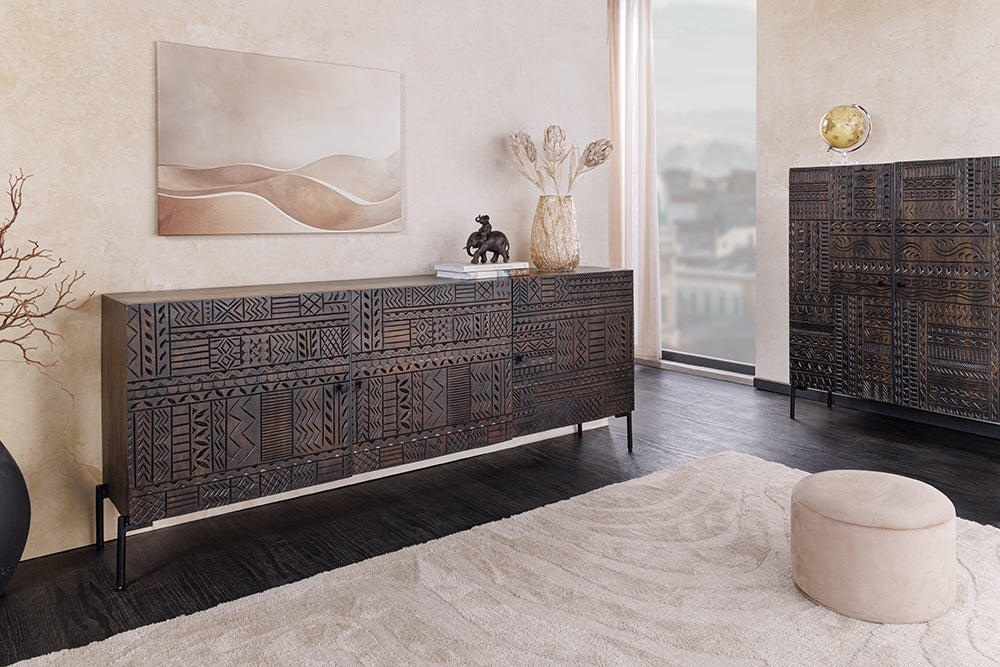 Sideboard TRIBAL 180cm 3D Antik-Look Mangoholz dunkelbraun