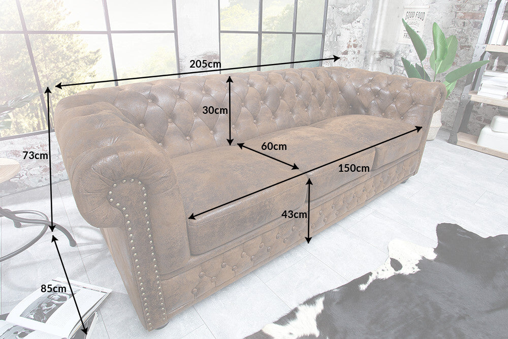 Sofa CHESTERFIELD 205cm 3-Sitzer Kunstleder Antik-Look schwarz