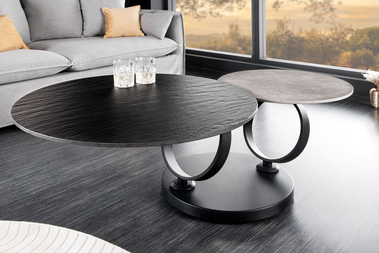 Couchtisch DANCING RINGS 80-135cm drehbar Keramik schwarz und grau