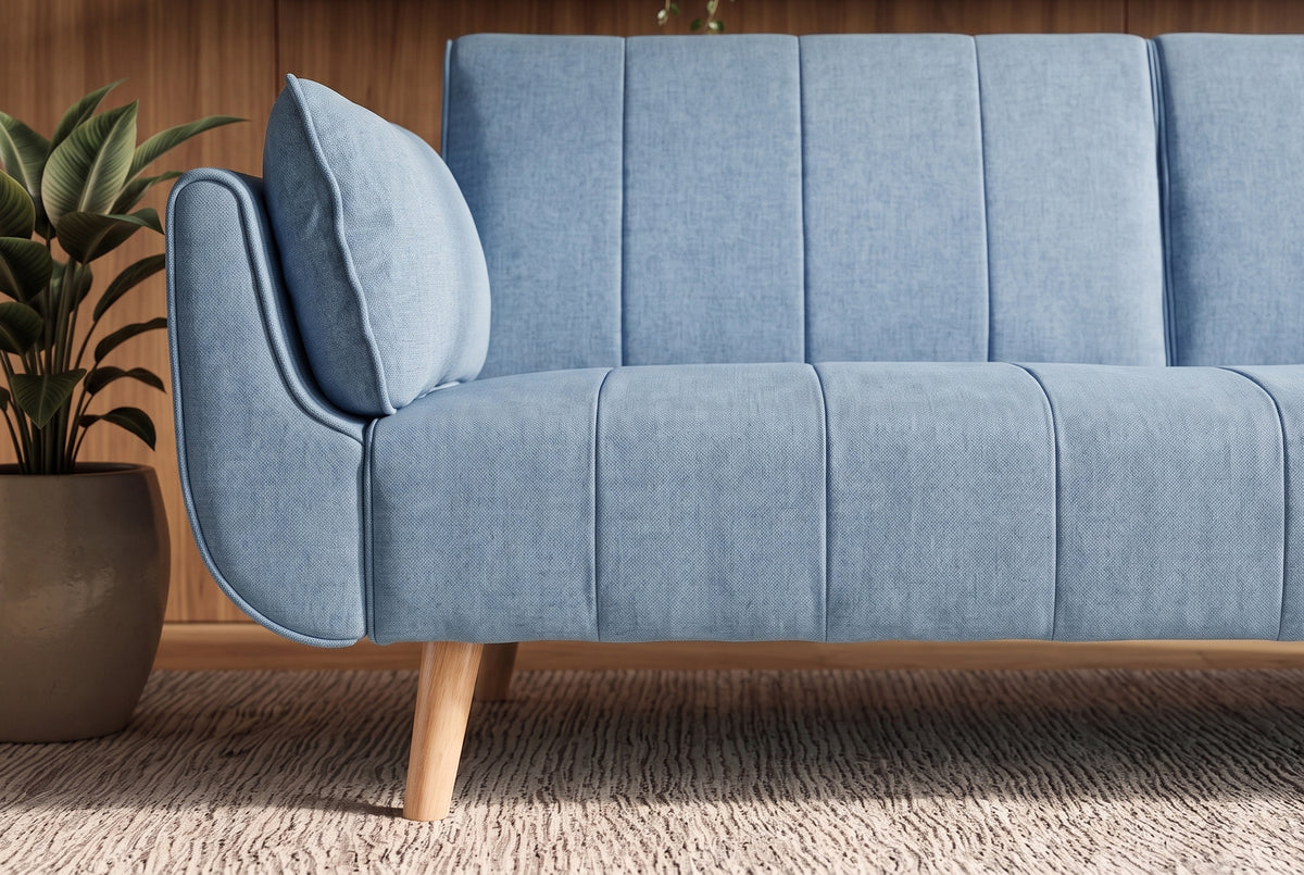 Schlafsofa DIVANI 220cm mit Armlehnenkissen Strukturstoff hellblau Holzfüße natur