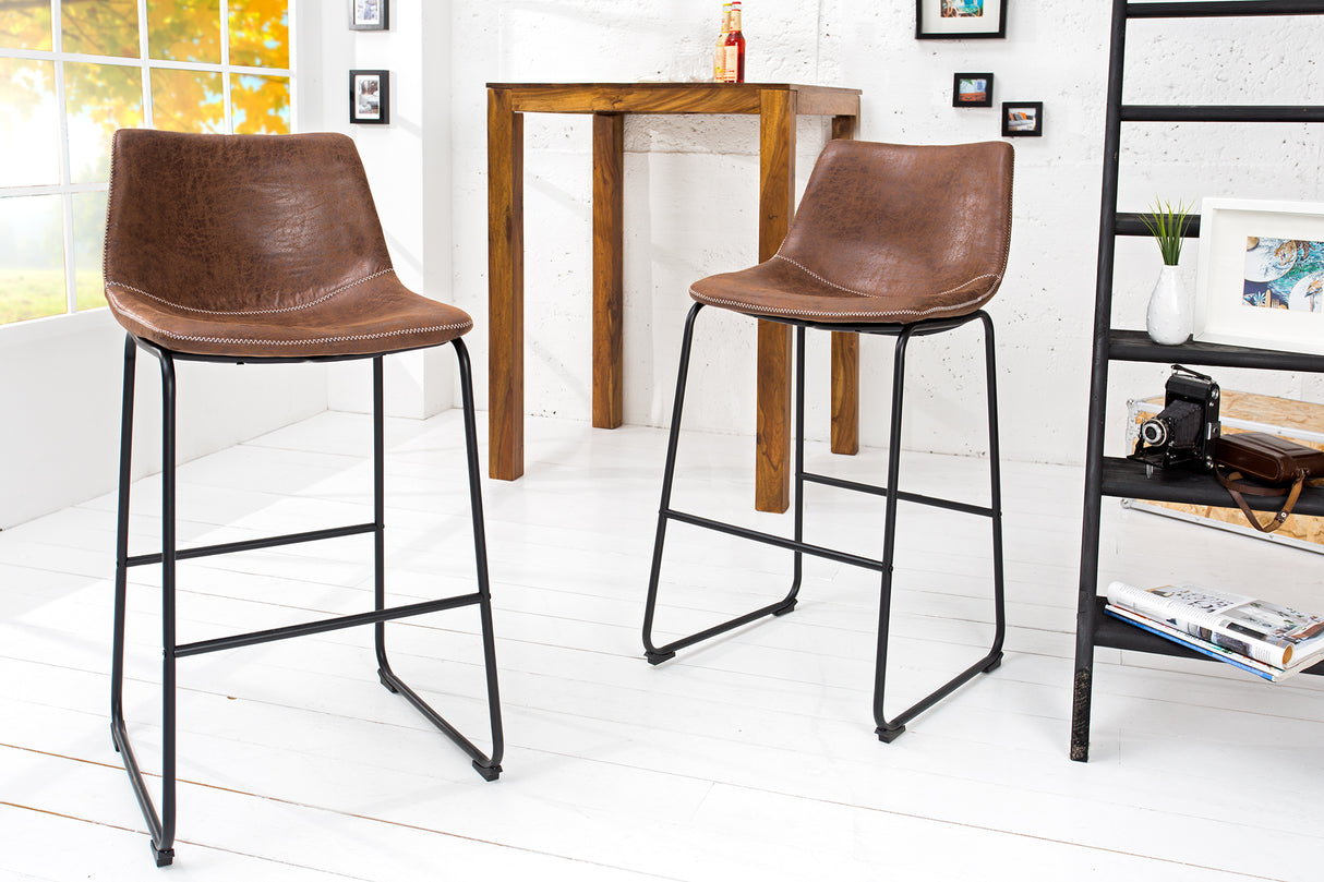 Barstuhl DJANGO Mikrofaser Vintage braun mit schwarzen Eisenbeinen
