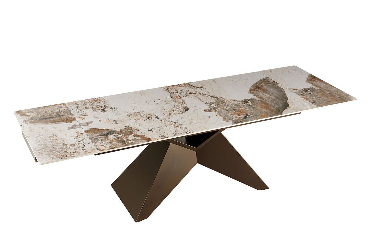 Dining table DIAMOND 180-260cm extendable pandora ceramic white brown w/ geometric bronze iron base