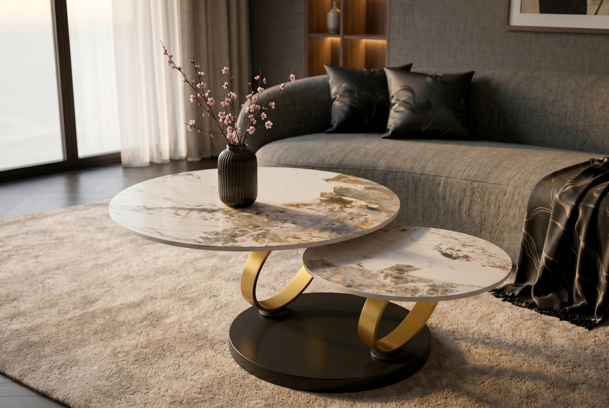 Coffee table DANCING RINGS round rotatable pandora ceramic matte gold rings