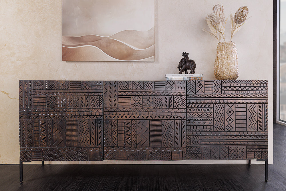 Sideboard TRIBAL 180cm 3D Antik-Look Mangoholz dunkelbraun