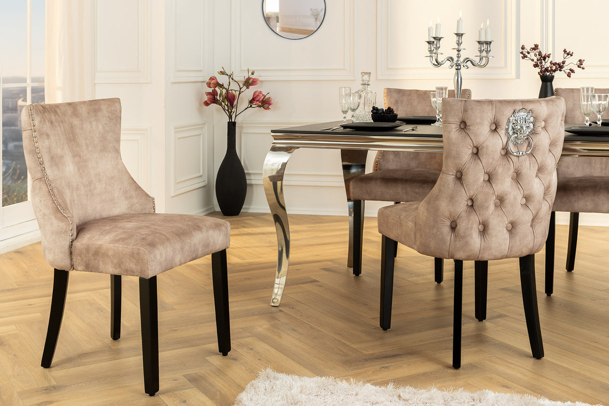 Chair CASTLE DELUXE w/ lion´s head handle velvet beige legs black in chesterfield style