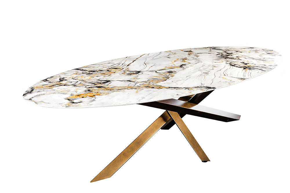 Esstisch SCULPTURE 280cm ovales Bronzegestell mit Keramikplatte mehrfarbige Marmoroptik