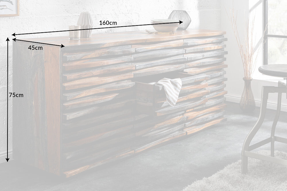 Sideboard RELIEF 160cm Sheesham Holz Rauchoptik
