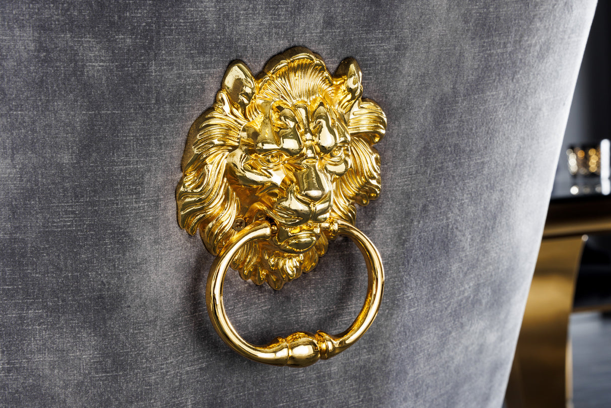 Stuhl MODERN BAROCK mit goldenen Beinen und Löwenkopf Samt Grau