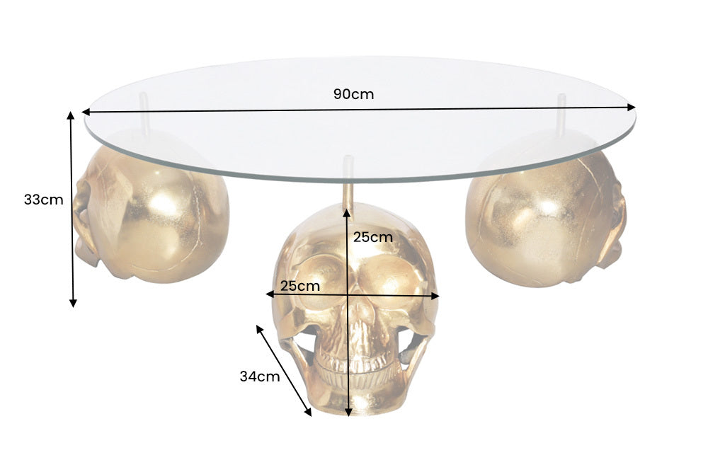Coffee table SKULL 90cm movable skulls gold 8mm tempered glass