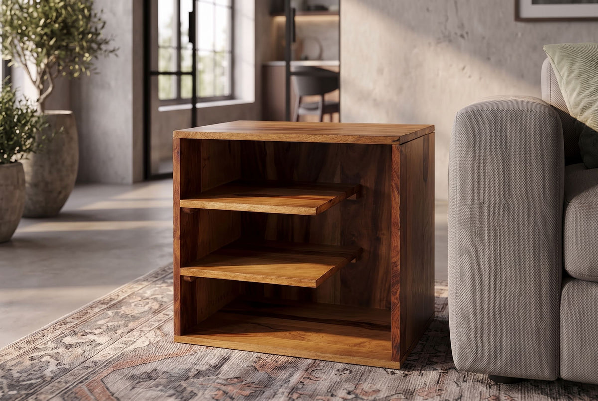 Side table CUBUS 45cm w/ open storage shelves sheesham wood brown stone finish