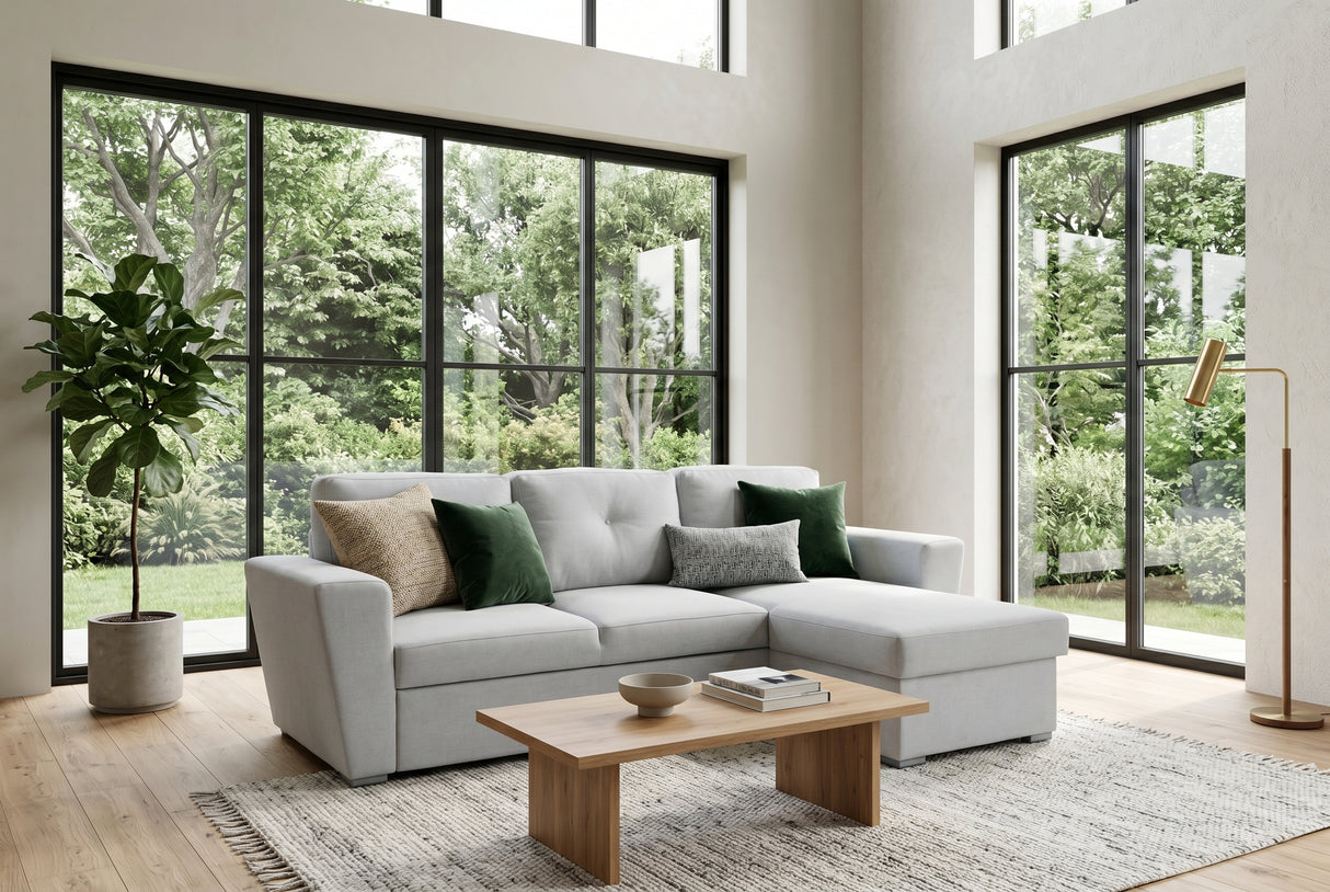 Sofa bed APARTMENT 245cm 3-seater w/ ottoman and storage space textured fabric beige