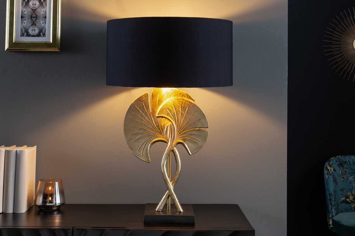 Tischleuchte GINKGO 62cm gold Baumwollschirm schwarz / verstellbarer Lampenschirm