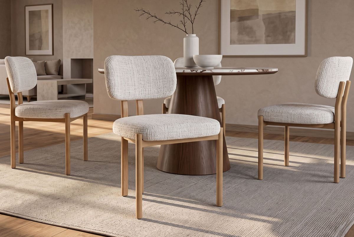 Stuhl BELLANO Chenille creme beige mit eichefarbenen Metallbeinen