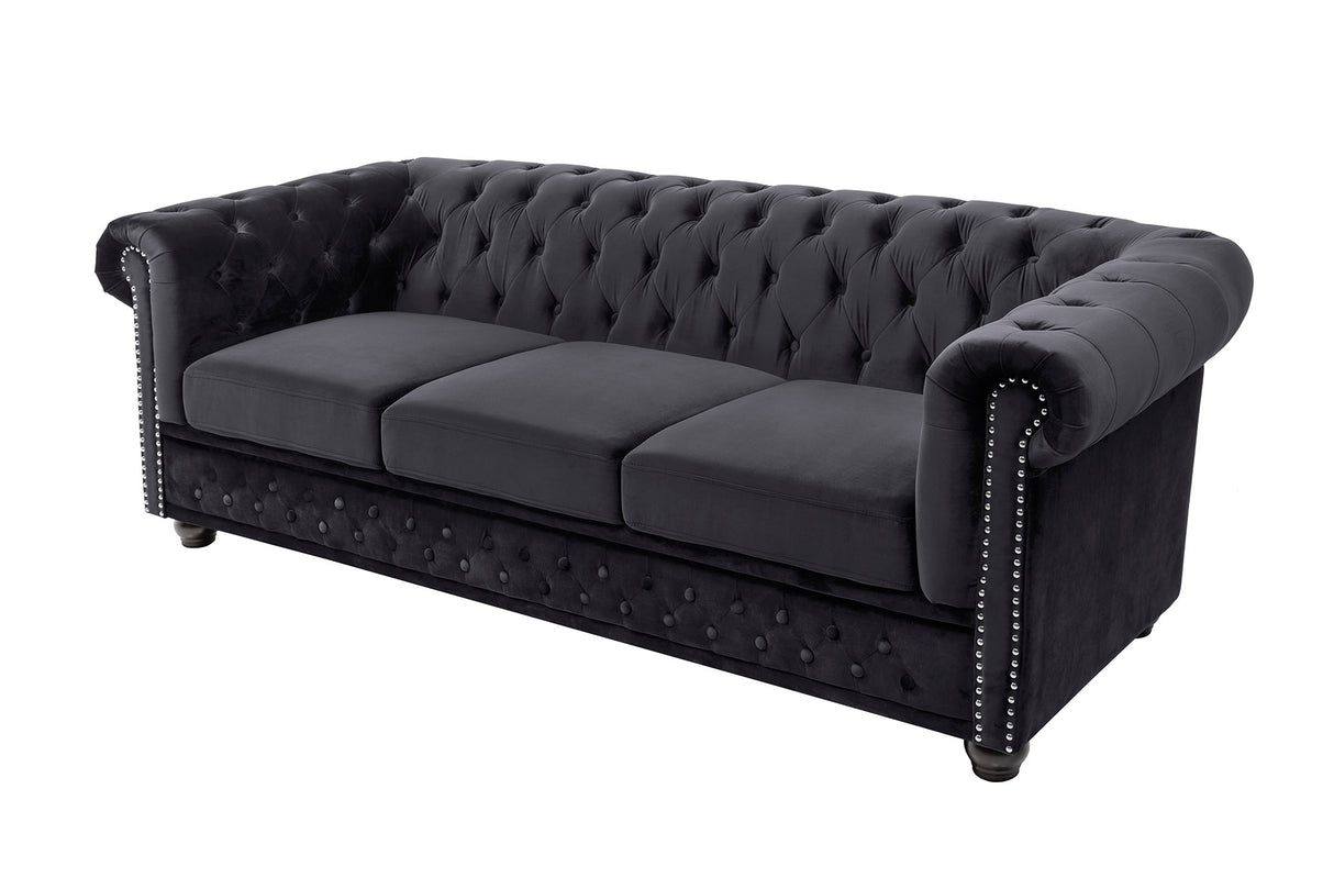 Sofa CHESTERFIELD 205cm spring core 3-seater velvet black
