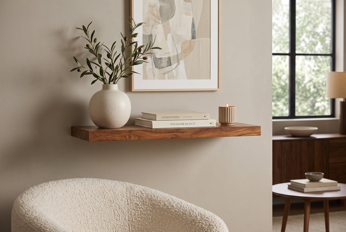 Wall shelf PURE 60cm sheesham wood brown stone finish