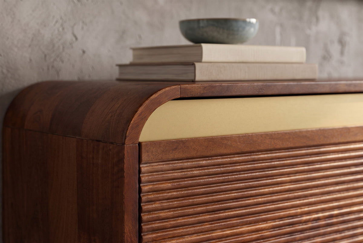 TV-Board MONZA 160cm w/ cable management hanging fluted front brown mango wood gold details