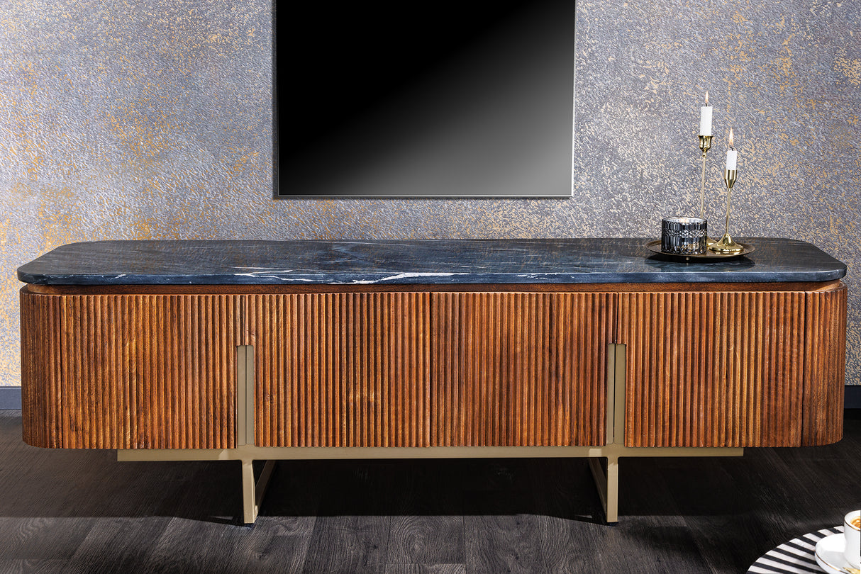 TV-Board GATSBY 160cm Retro-Stil Mangoholz gold Marmorplatte schwarz