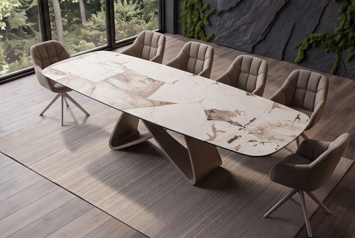 Dining table INFINITY 180-220-260cm boat-shaped extendable italian patagonia ceramic white brown