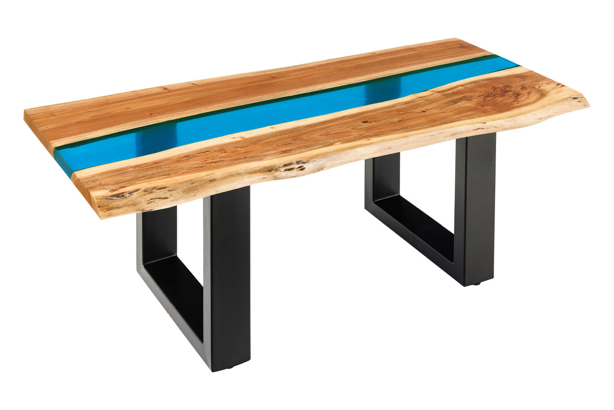 Coffee table LIQUID 110cm acacia wood blue epoxy strip