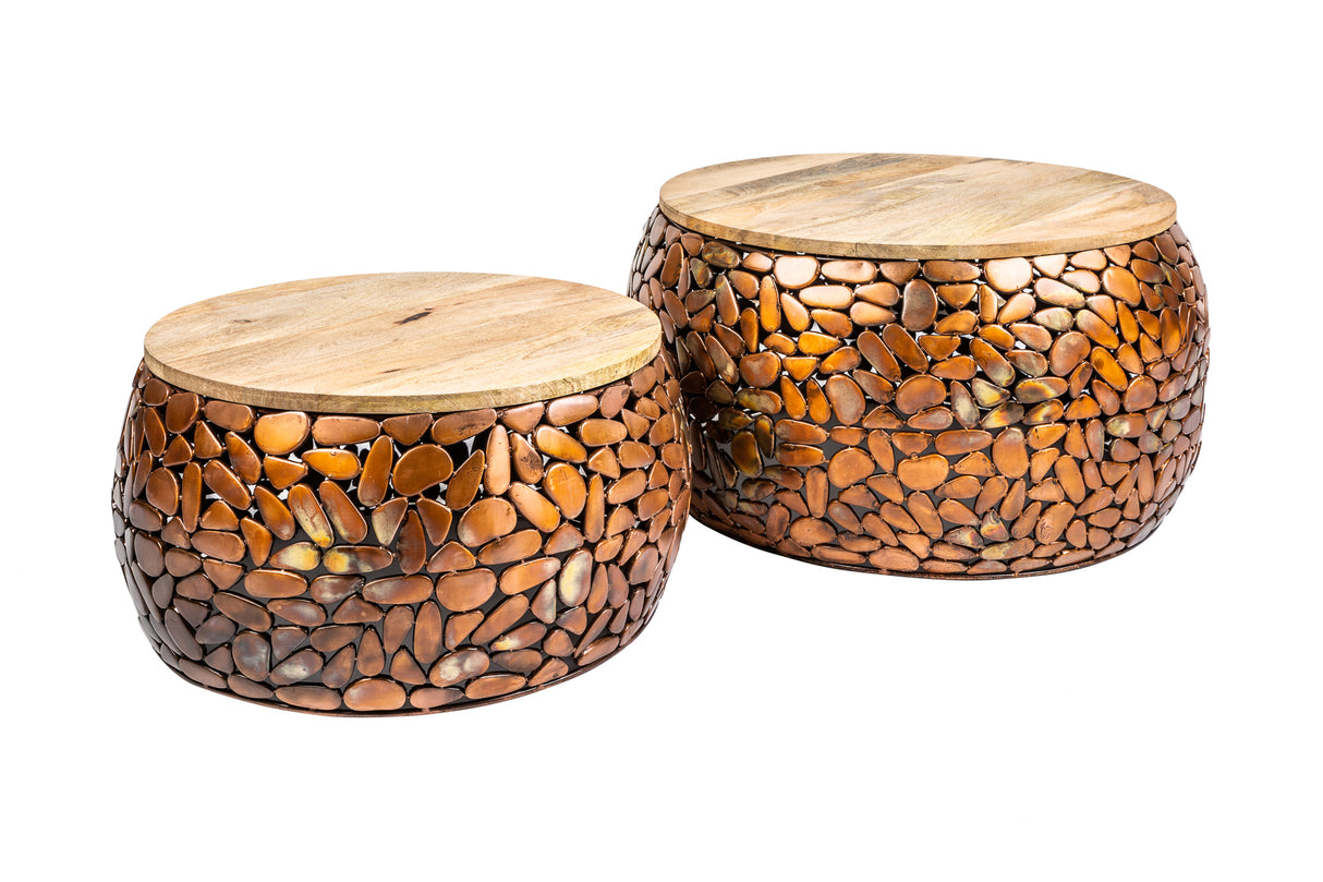 Couchtisch STONE MOSAIC 2er Set 54-66cm Mangoholz Platten kupfer