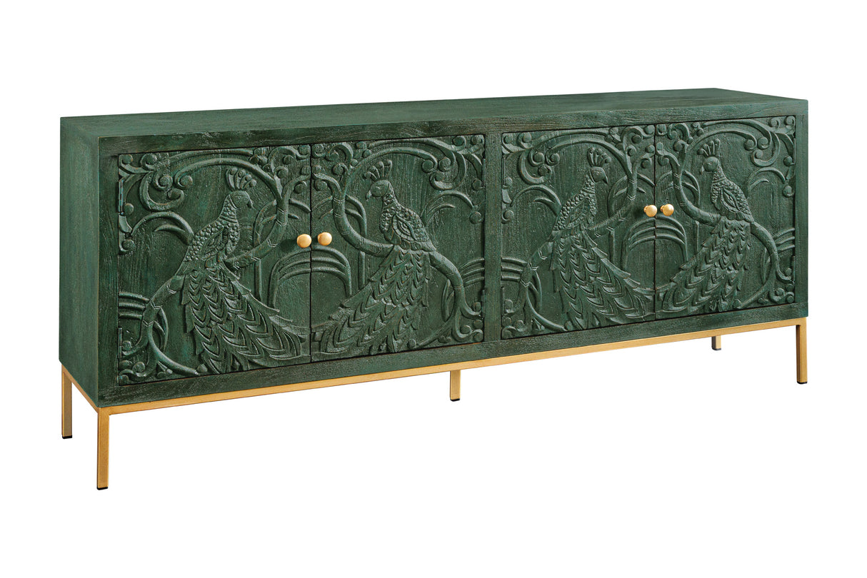 Sideboard PEACOCK 175cm 3D Mangoholz Antik-Look dunkelgrün gold handgefertigt