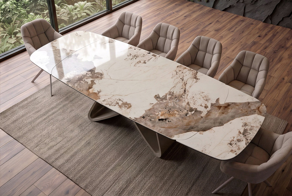 Dining table INFINITY 180-220-260cm boat-shaped extendable pandora ceramic white brown