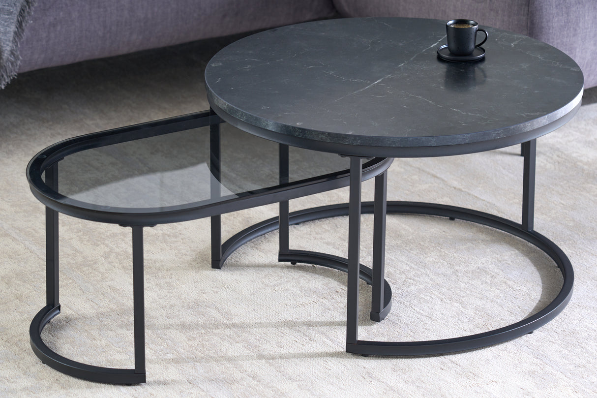 Coffee table ELEGANCE 70cm set of 2 marble look and smoke glass black