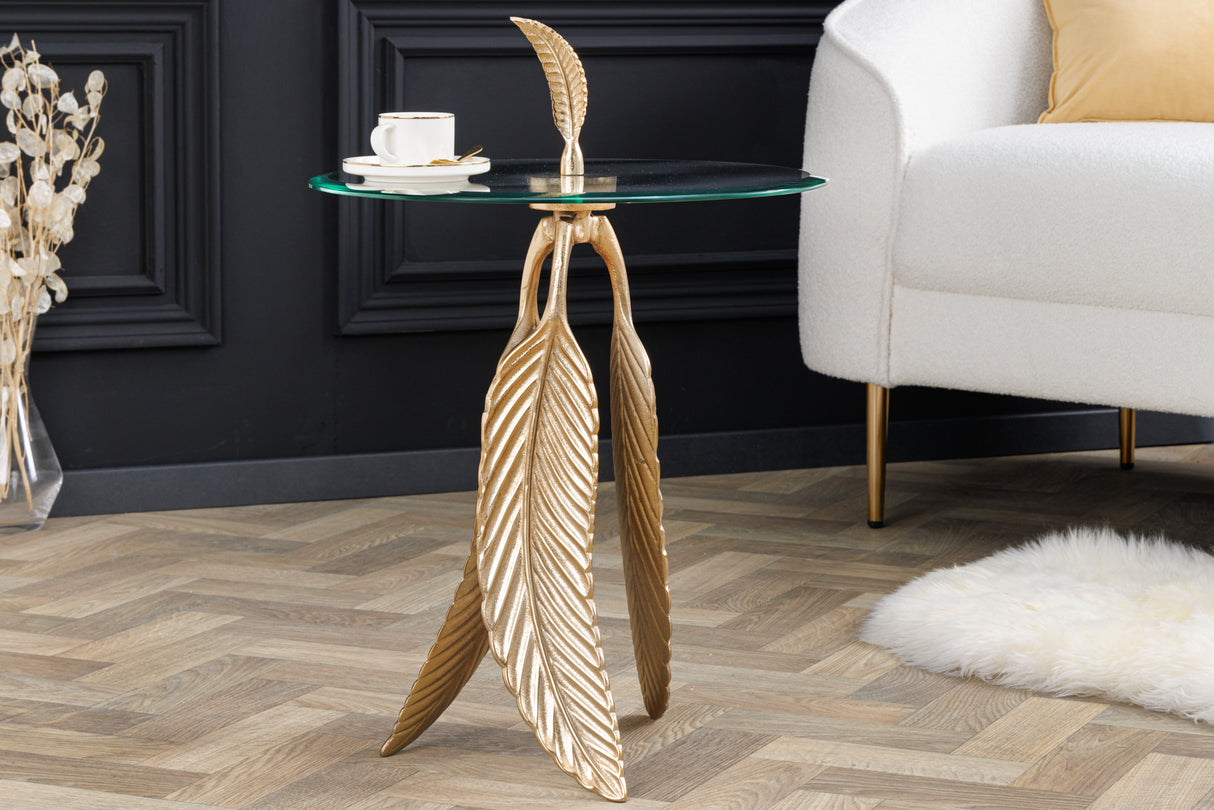 Side table FEATHER 65cm gold 7mm tempered glass