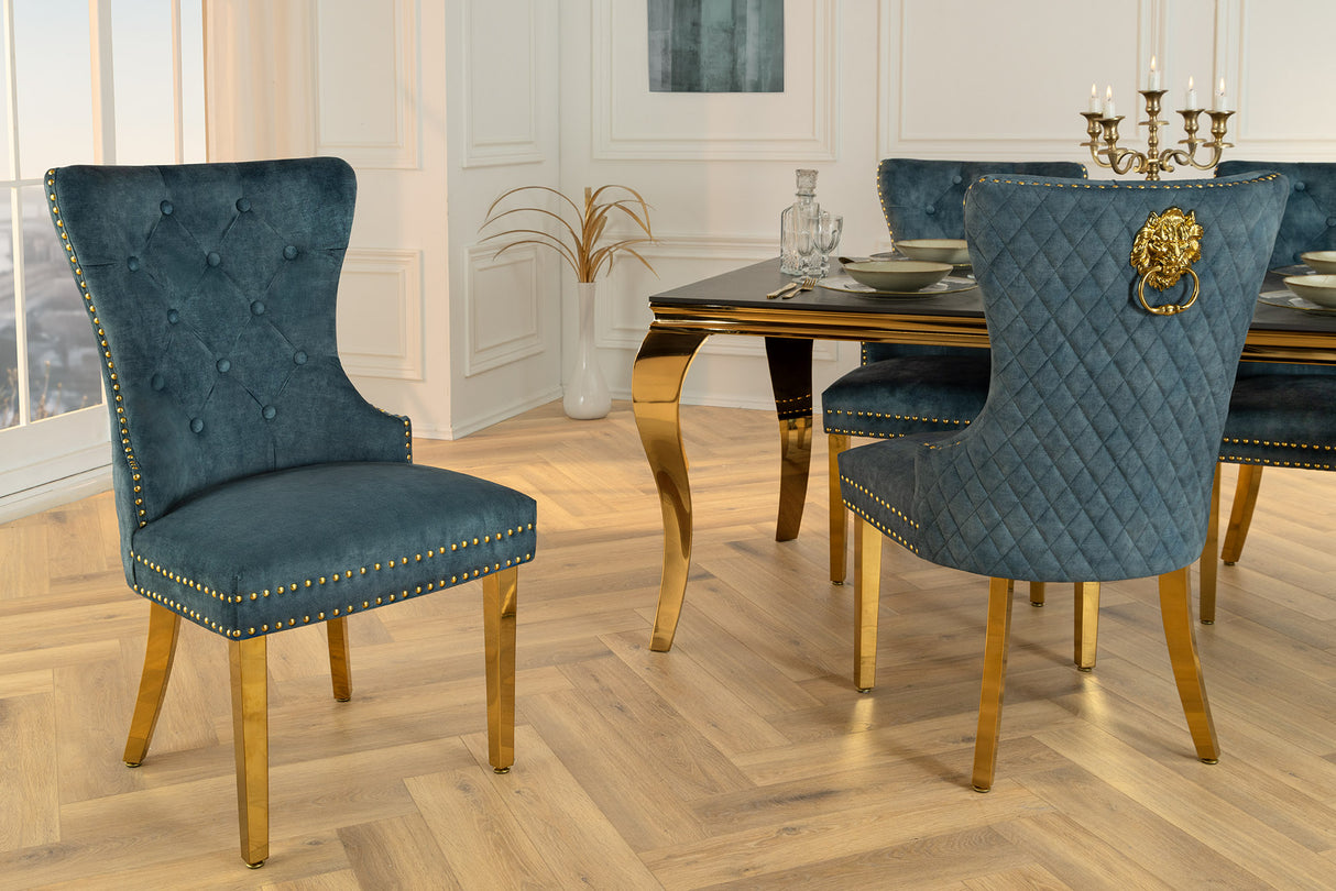 Chair CASTLE w/ lion´s head handle velvet petrol golden legs in baroque style