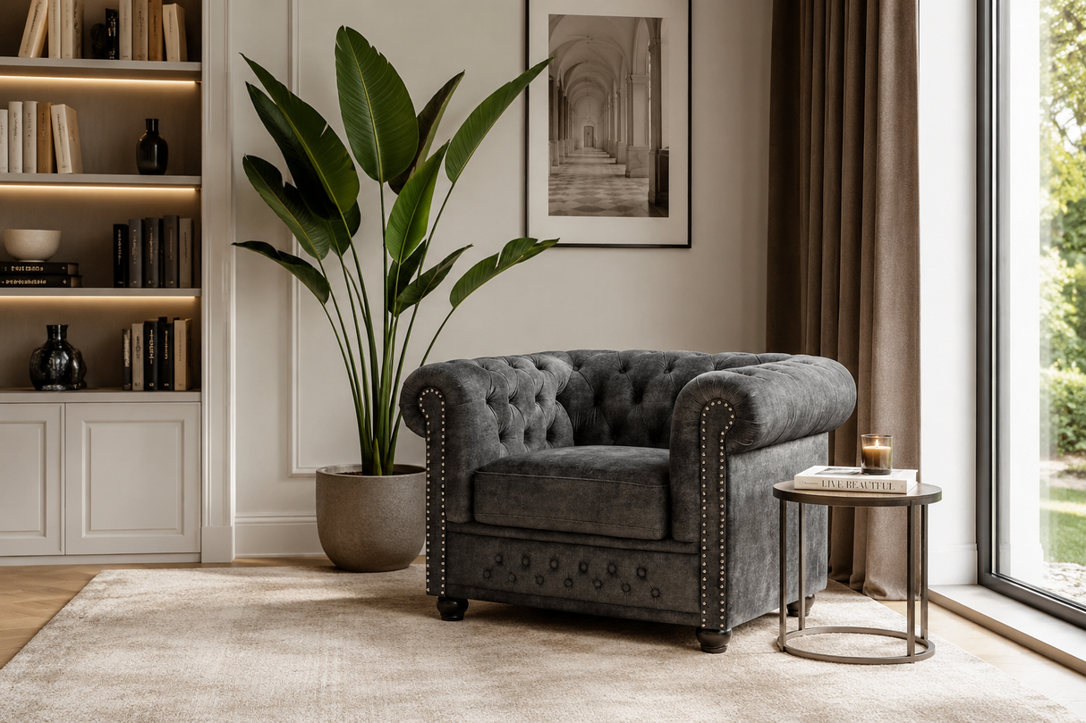 Sessel CHESTERFIELD Samt Antiklook grau